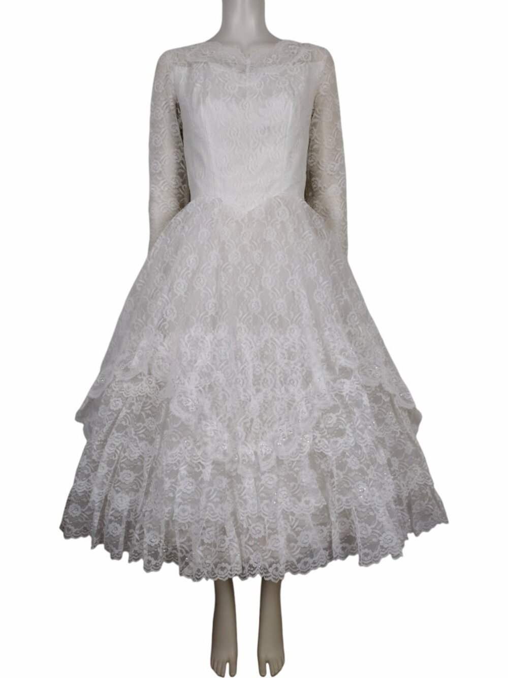 Vintage 1950s White Lace Wedding Dress, Princess Style, Midi Length Size 4